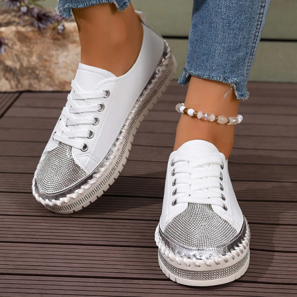 Women's rhinestone sparkly lace-up platform sneakers Fluffy Sneakers