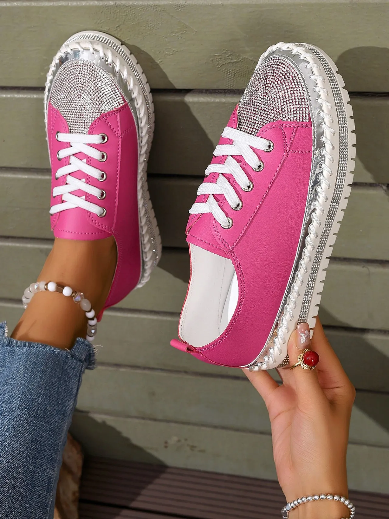 Sneakers That Go With Dresses Women's rhinestone sparkly lace-up platform sneakers