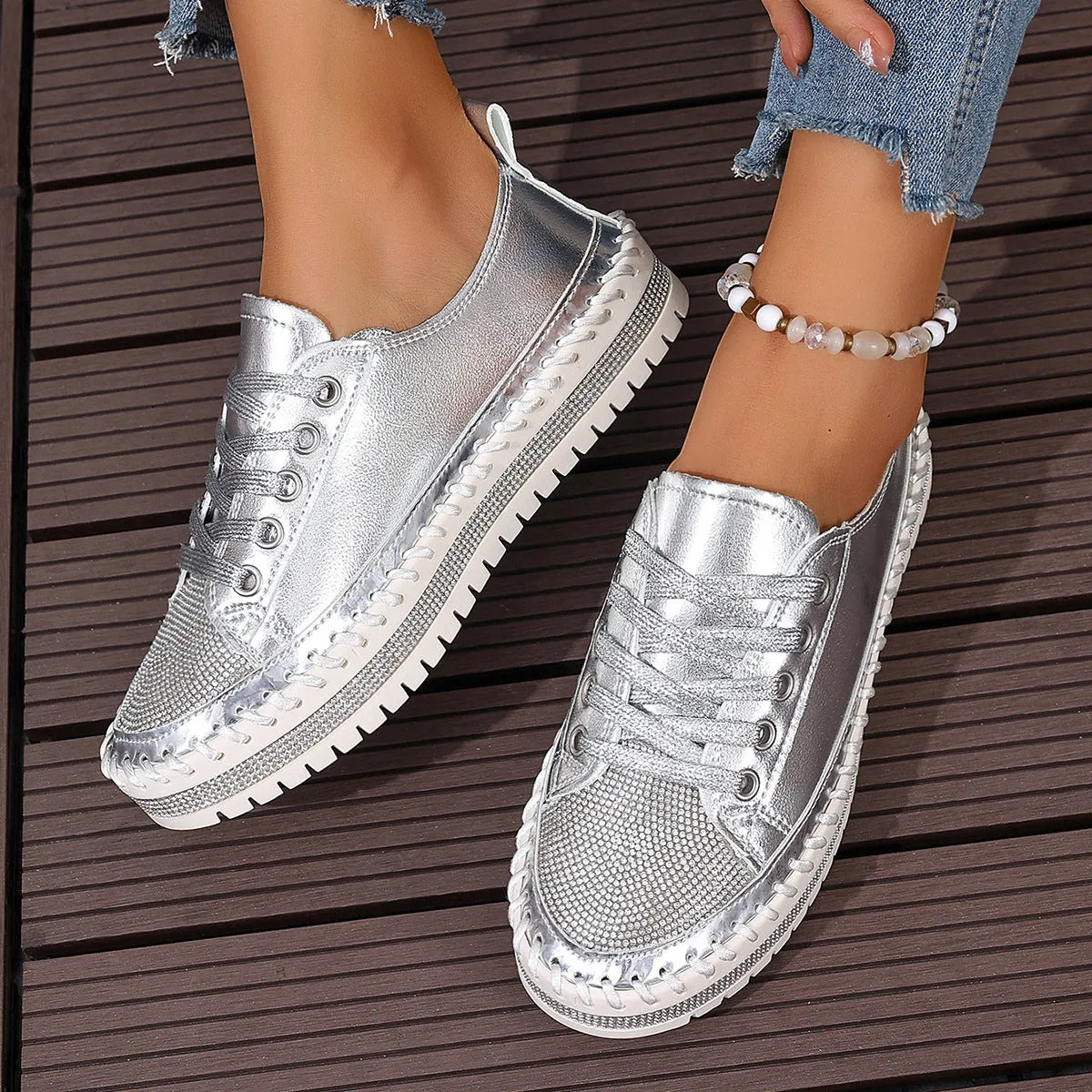 Smith Sneakers Women's rhinestone sparkly lace-up platform sneakers