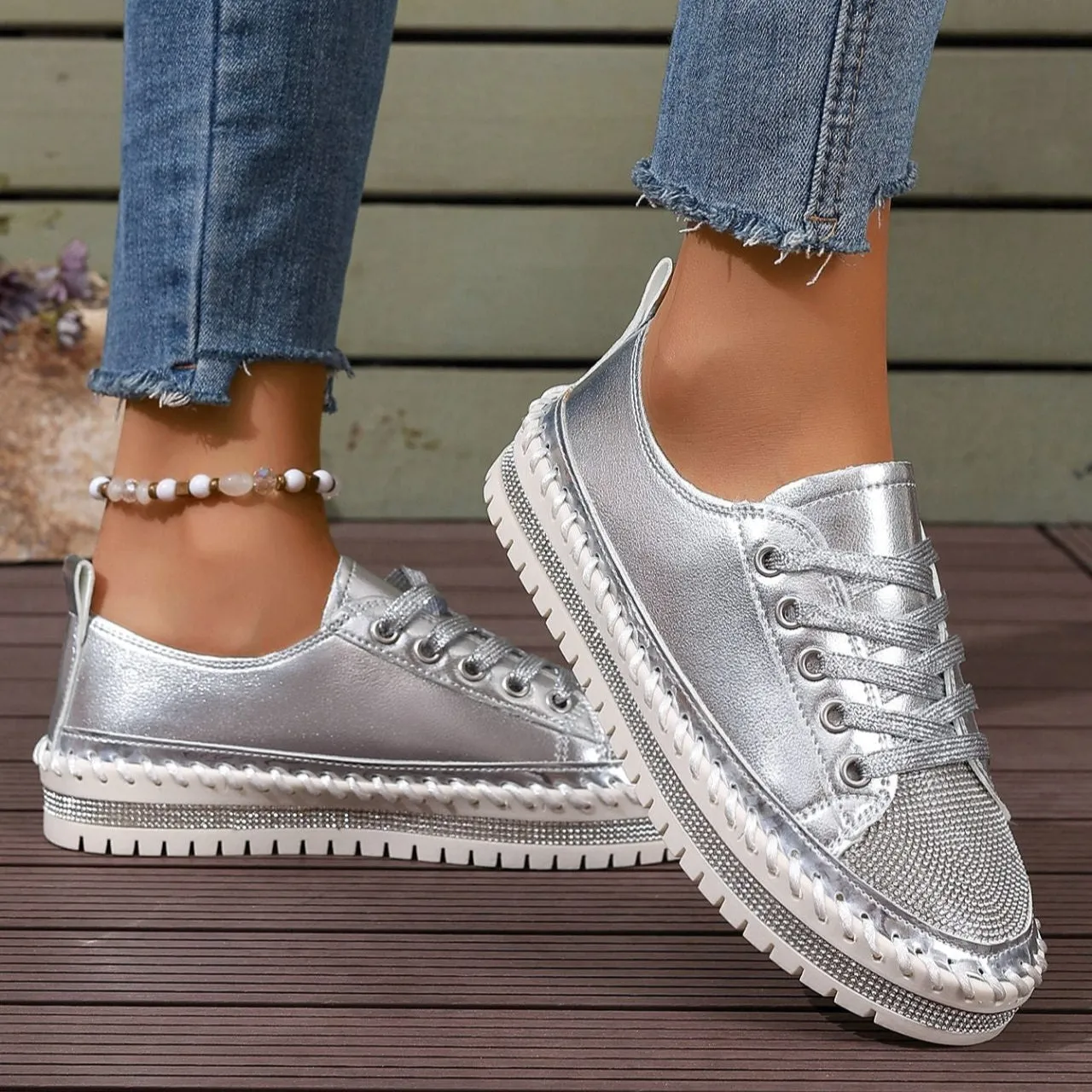 Sneakers Wedge Heel Women's rhinestone sparkly lace-up platform sneakers