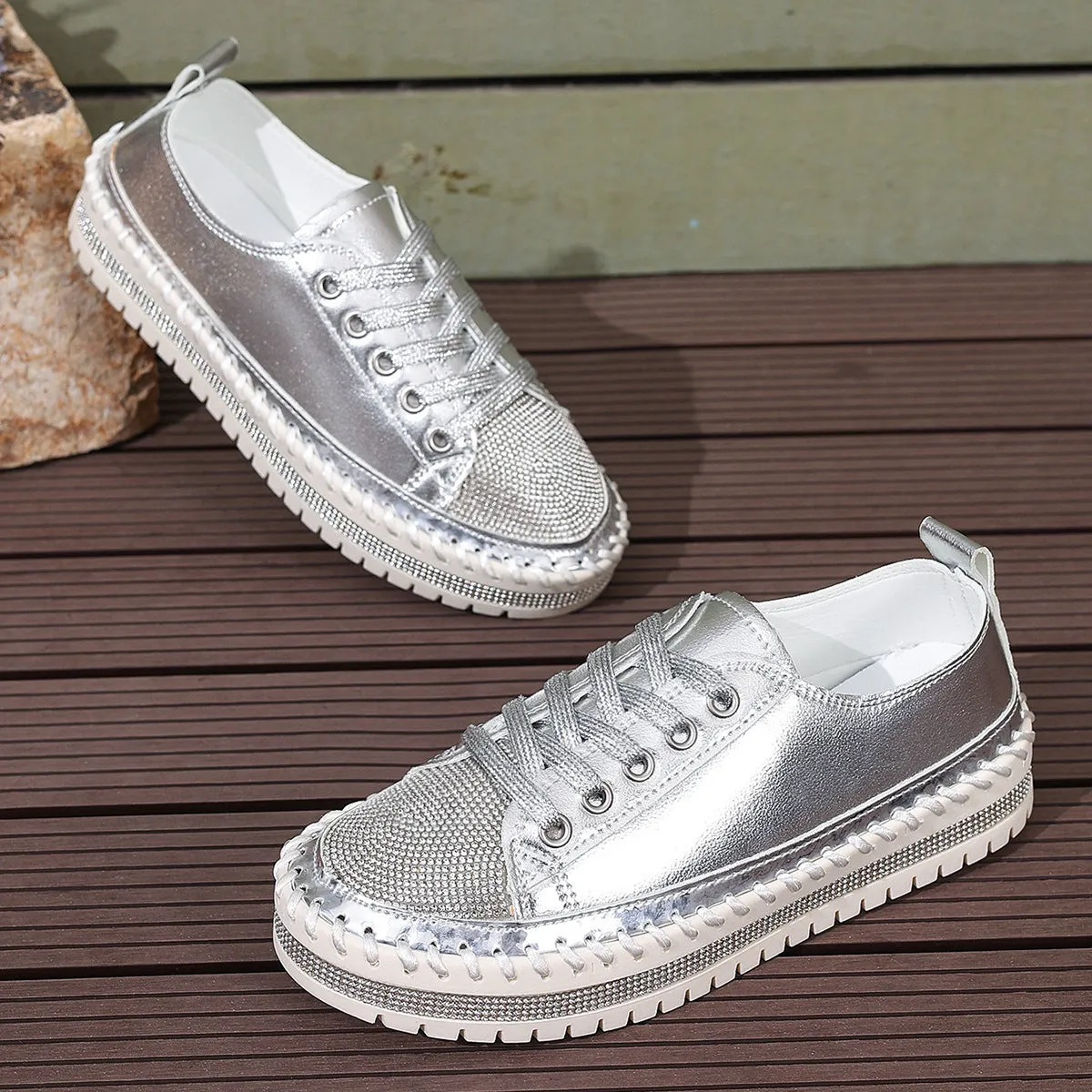 Women's rhinestone sparkly lace-up platform sneakers Sneakers Old Skool Vans