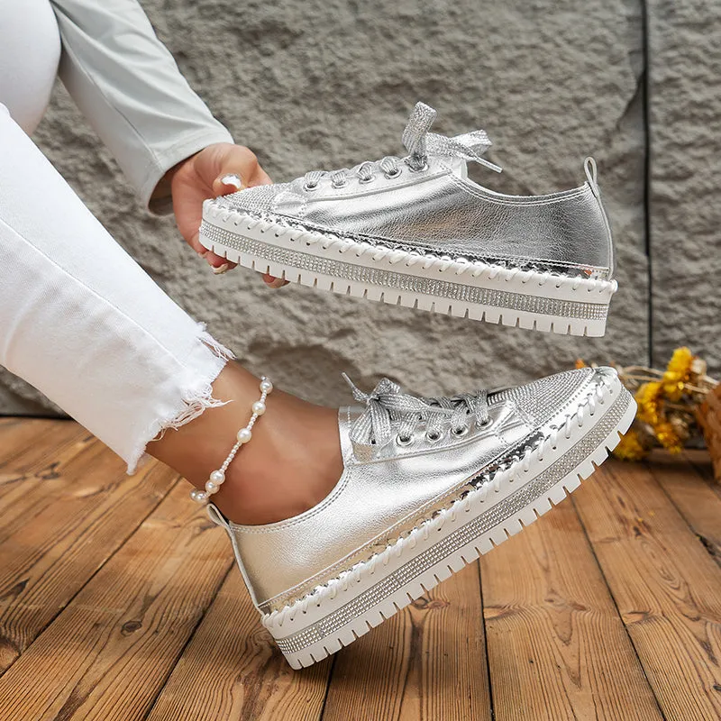 Women's rhinestone sparkly lace-up platform sneakers Sneakers Coffee