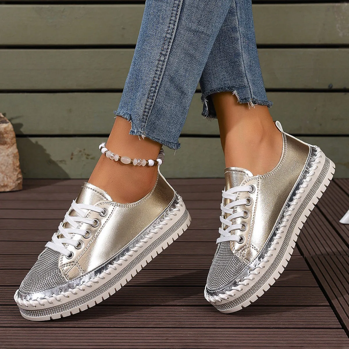 Women's rhinestone sparkly lace-up platform sneakers Culture Sneakers