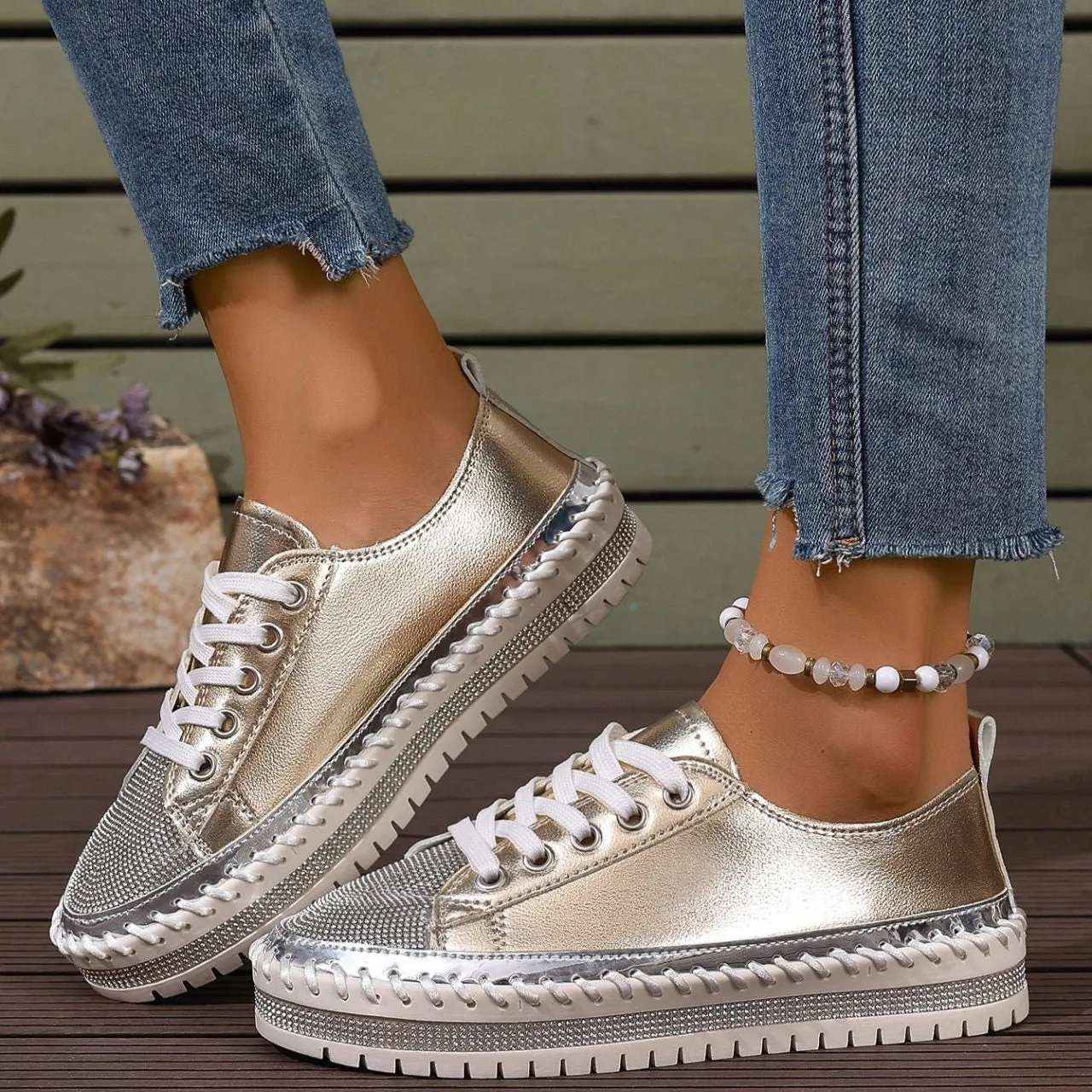 Sneakers For Overpronators Women's rhinestone sparkly lace-up platform sneakers