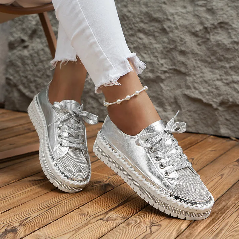 Slip On Platform Sneakers Women's rhinestone sparkly lace-up platform sneakers