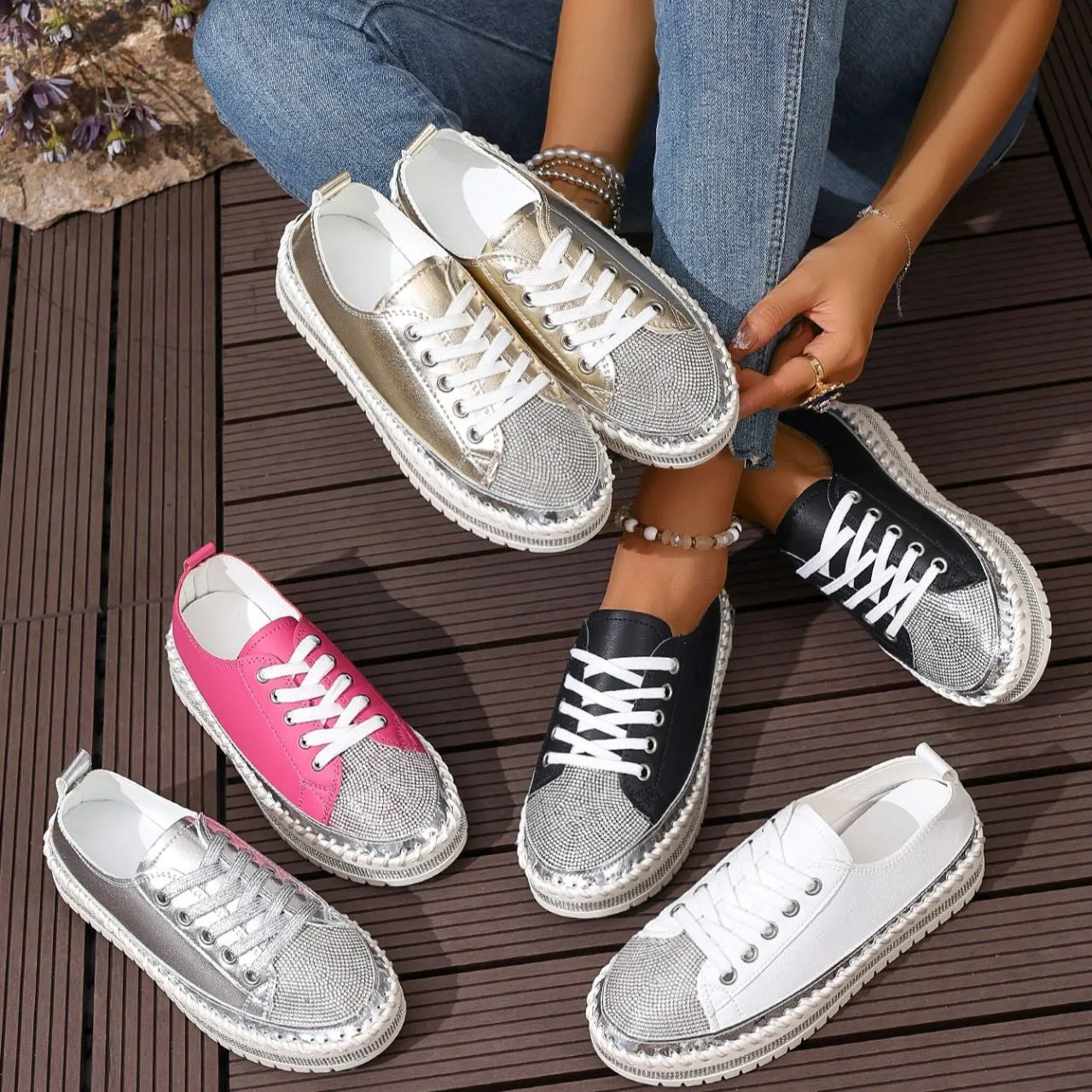 Sporting Goods Sneakers Women's rhinestone sparkly lace-up platform sneakers