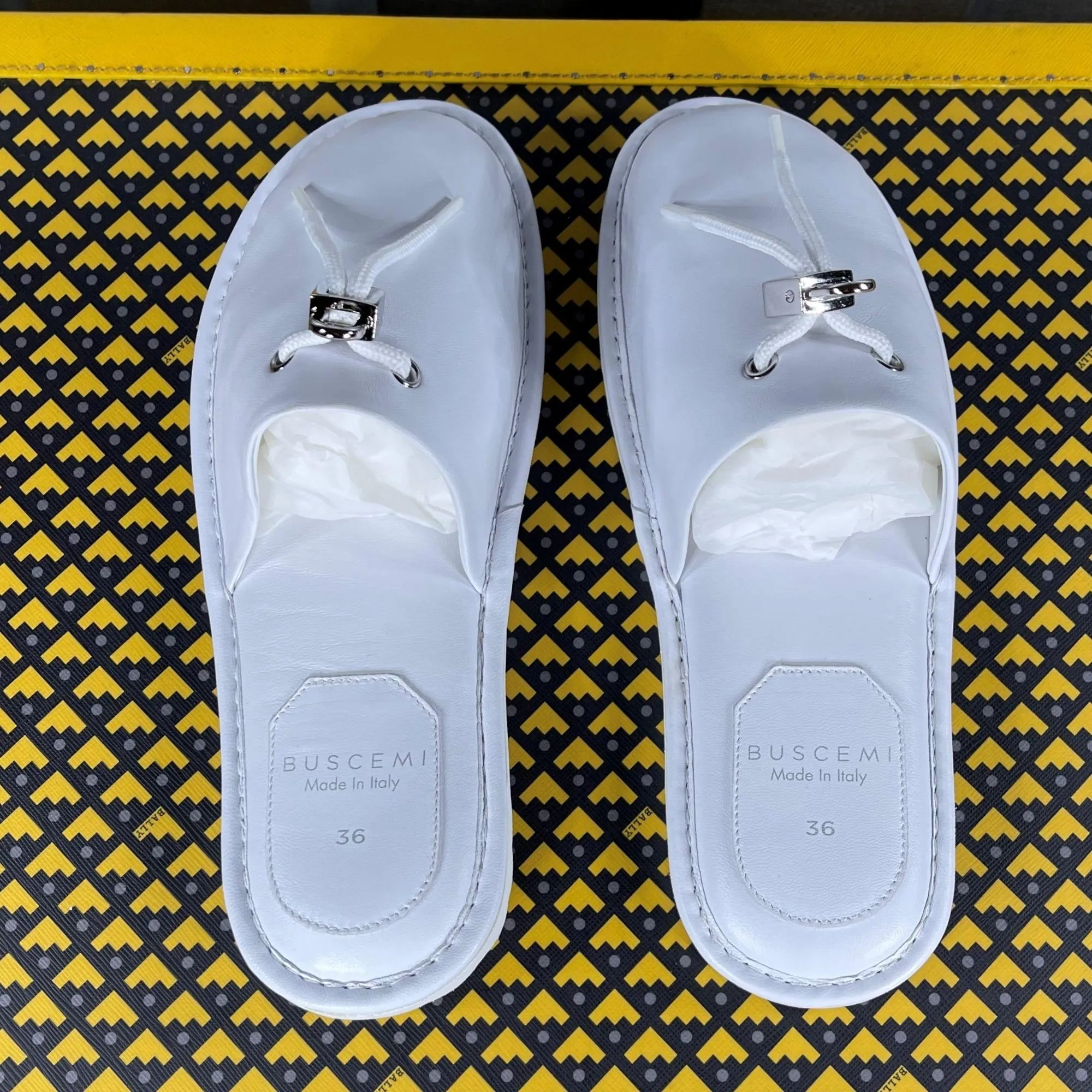 Buscemi Greenwich White Leather Slippers Slip On Ballet Slippers