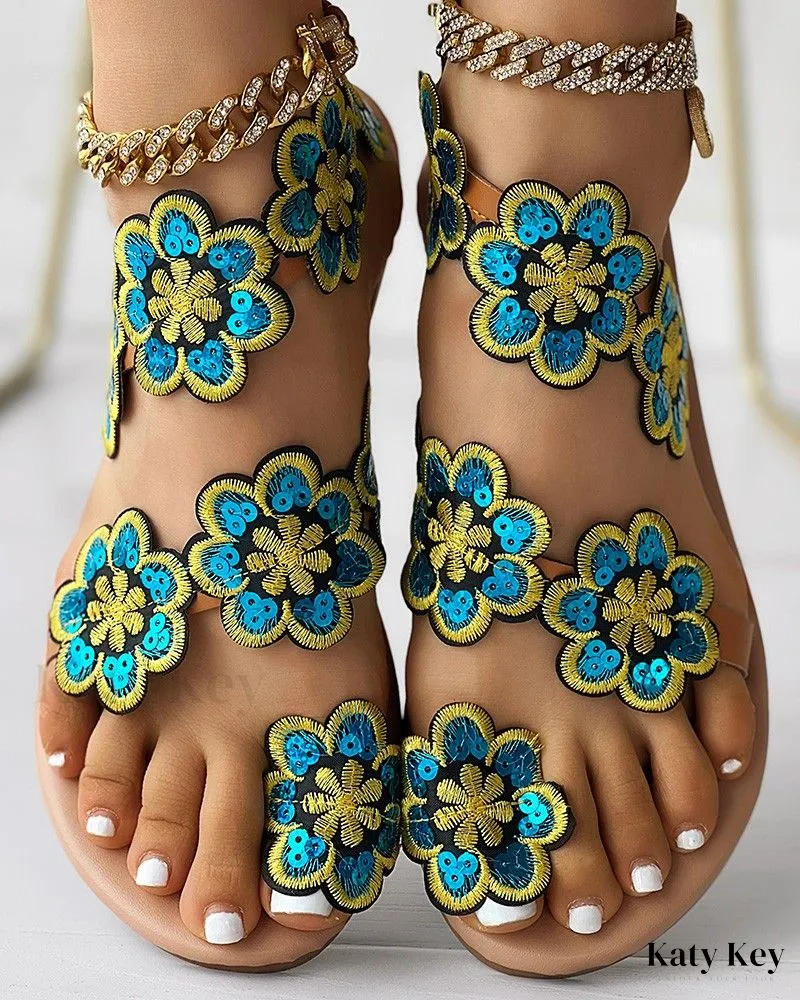 Starfish Flip Flops KatyKey - Chic Floral Print Toe Ring Sandals for Beachwear