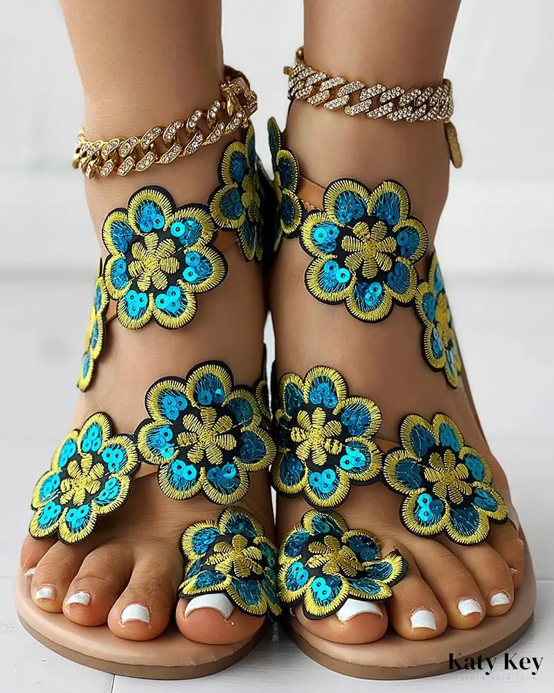 KatyKey - Chic Floral Print Toe Ring Sandals for Beachwear Pyramid Flip Flops Hawaii