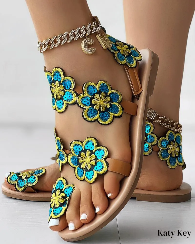 Paracord Flip Flops KatyKey - Chic Floral Print Toe Ring Sandals for Beachwear