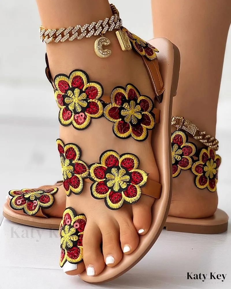 Base Camp Ii Flip Flops KatyKey - Chic Floral Print Toe Ring Sandals for Beachwear