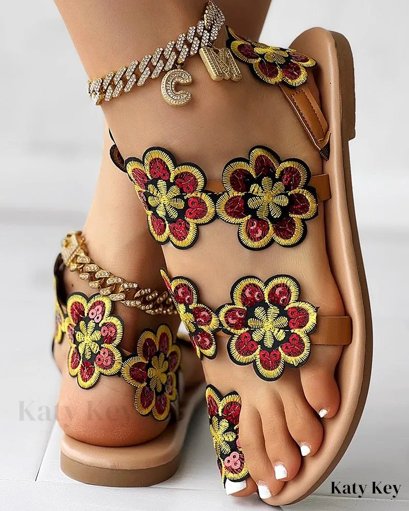 KatyKey - Chic Floral Print Toe Ring Sandals for Beachwear Pyramid Flip Flops