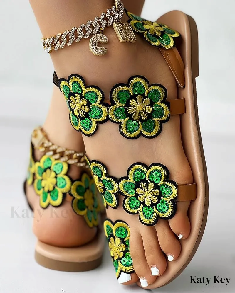Walking Flip Flops KatyKey - Chic Floral Print Toe Ring Sandals for Beachwear