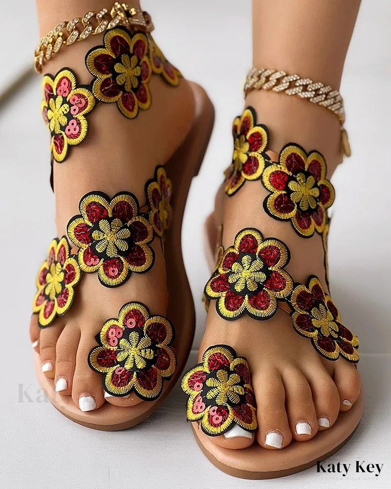 Clear Flip Flops With Bow KatyKey - Chic Floral Print Toe Ring Sandals for Beachwear