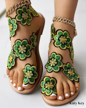 KatyKey - Chic Floral Print Toe Ring Sandals for Beachwear Photo Of Flip Flops