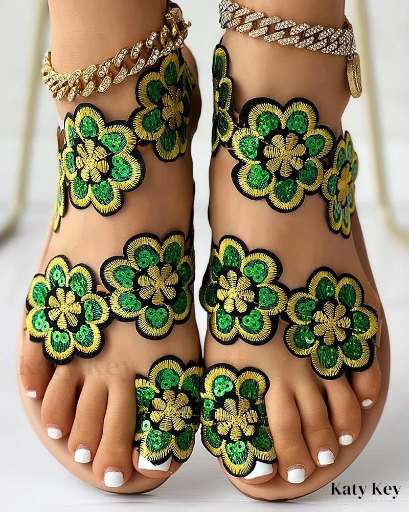 Flip Flops Bow KatyKey - Chic Floral Print Toe Ring Sandals for Beachwear