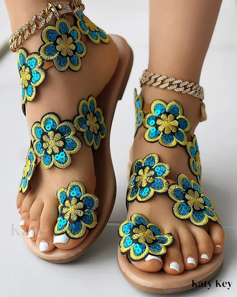 Italian Shoemakers Flip Flops KatyKey - Chic Floral Print Toe Ring Sandals for Beachwear