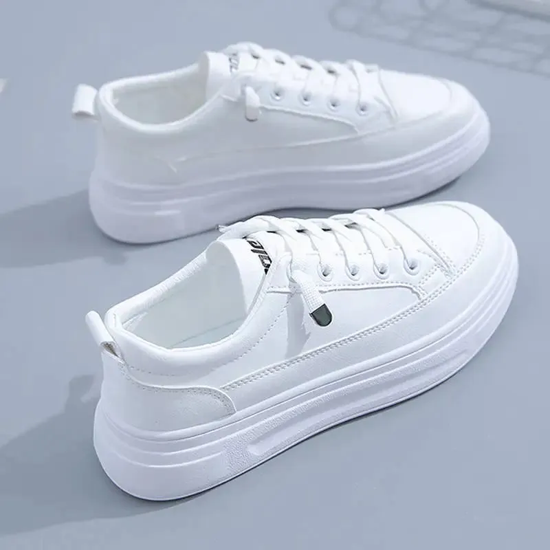 Fashionable Thick-Soled White Lace-Up Sneakers for Women Adult Sneakers