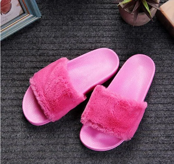 Off Court Slides large Size 36-41 Hot Women Slippers Fashion Spring Summer Autumn  Plush Slippers Women Faux Fur Slides Flip Flops Flat Shoes