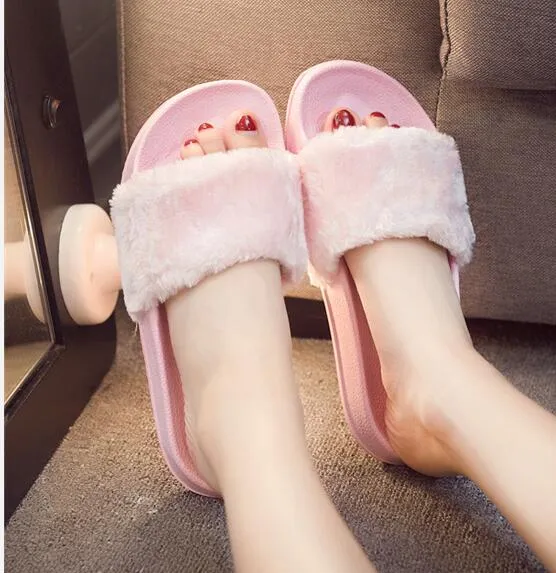 large Size 36-41 Hot Women Slippers Fashion Spring Summer Autumn  Plush Slippers Women Faux Fur Slides Flip Flops Flat Shoes Lightweight Slippers For Summer