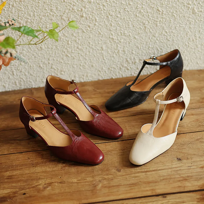 Pointy Toe Block Heels Leather T-Strap Mary Jane Shoes Similar Sandals