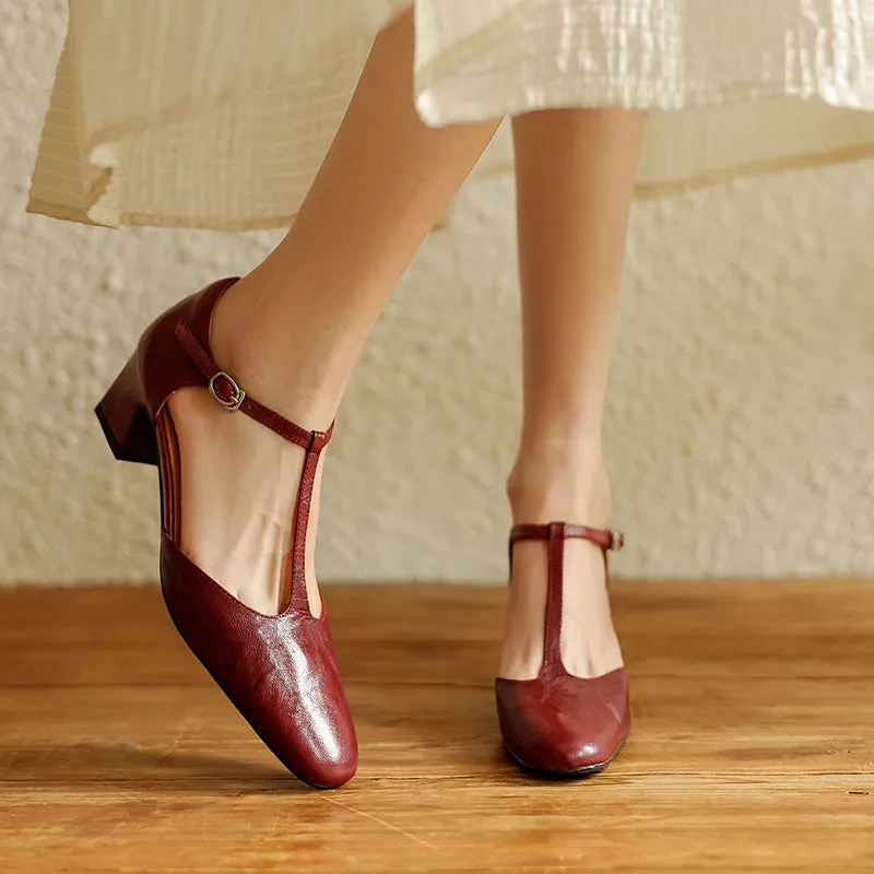 Pointy Toe Block Heels Leather T-Strap Mary Jane Shoes Sandals St Thomas