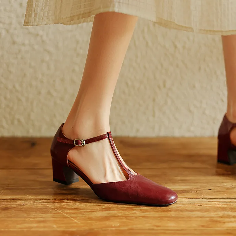 Croc Miami Sandals Pointy Toe Block Heels Leather T-Strap Mary Jane Shoes