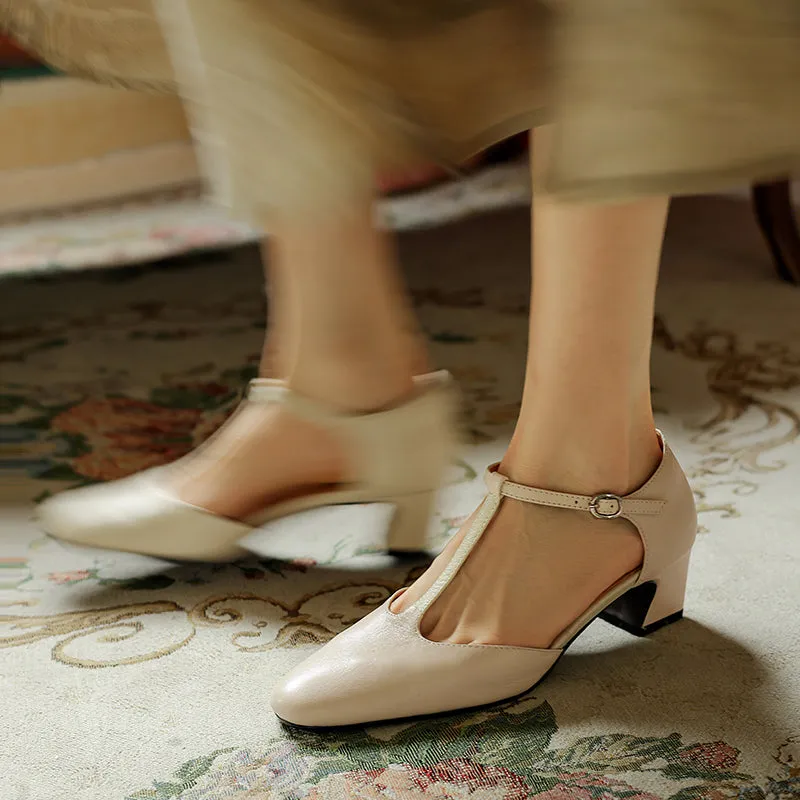 Pointy Toe Block Heels Leather T-Strap Mary Jane Shoes Sandals Grand St Lucia