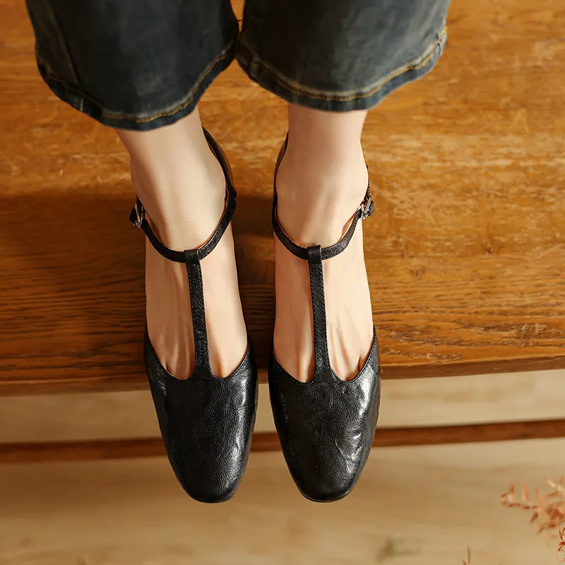 Pointy Toe Block Heels Leather T-Strap Mary Jane Shoes Wedge Closed Toe Sandals