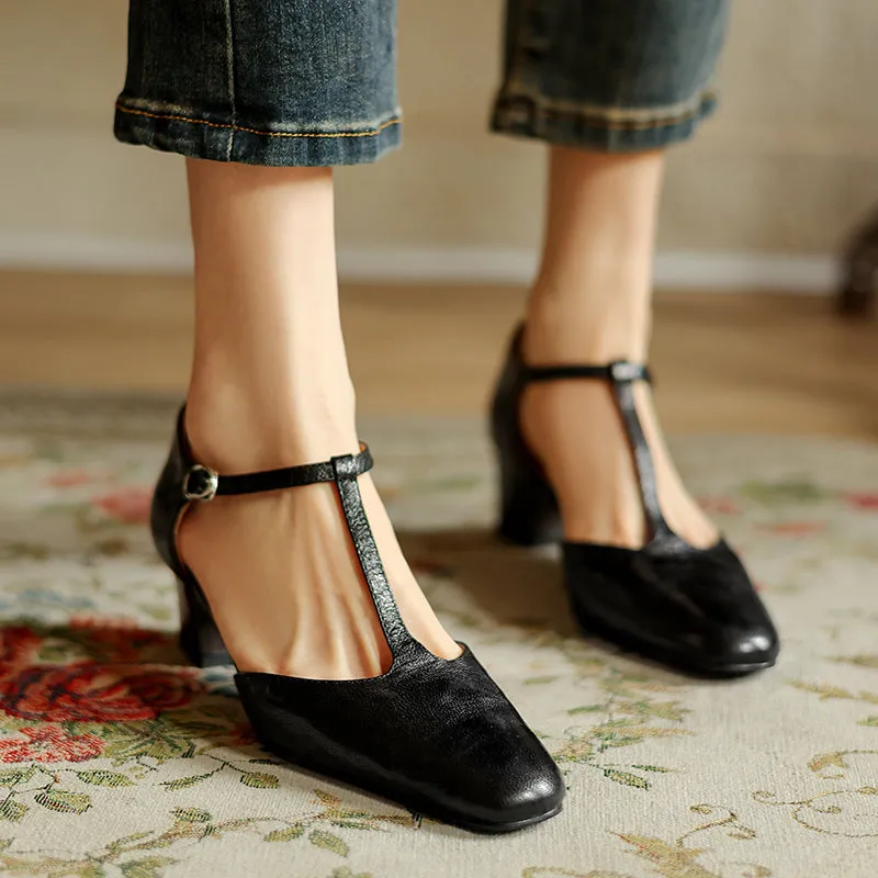 Pointy Toe Block Heels Leather T-Strap Mary Jane Shoes Hippie Sandals