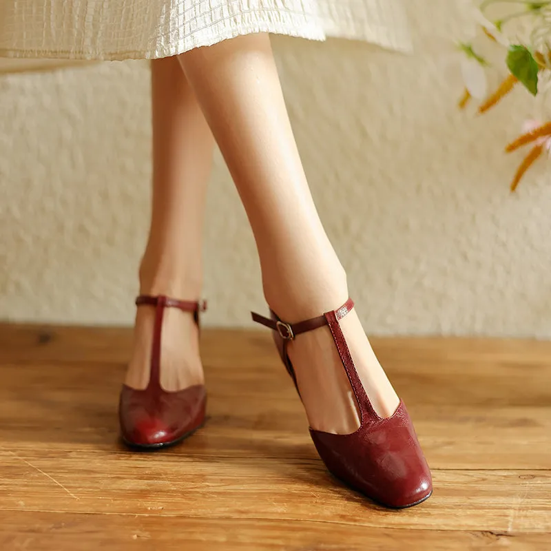 Pointy Toe Block Heels Leather T-Strap Mary Jane Shoes Italian Leather Sandals