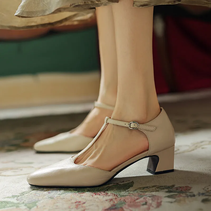 Pointy Toe Block Heels Leather T-Strap Mary Jane Shoes Metallic Sandals