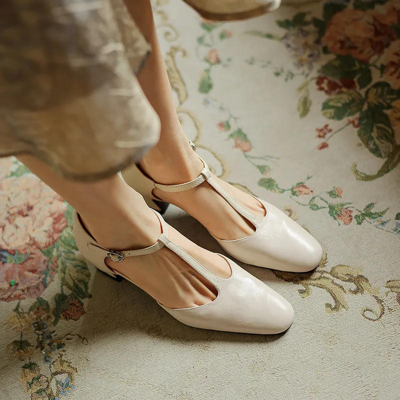 Pointy Toe Block Heels Leather T-Strap Mary Jane Shoes Footjoy Sandals