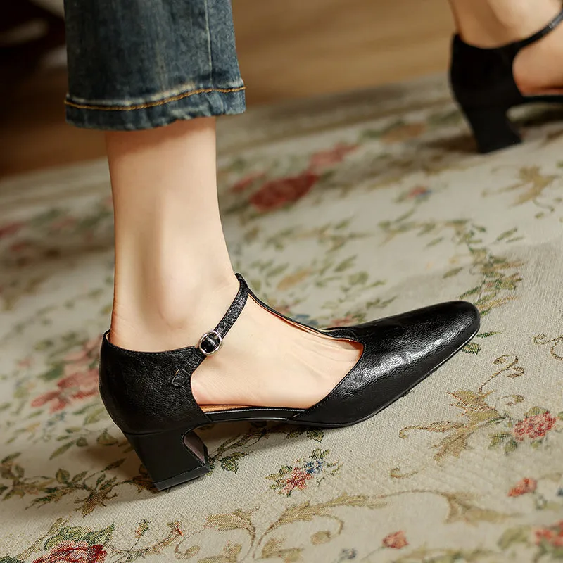 Pointy Toe Block Heels Leather T-Strap Mary Jane Shoes Amazon Orthopedic Sandals