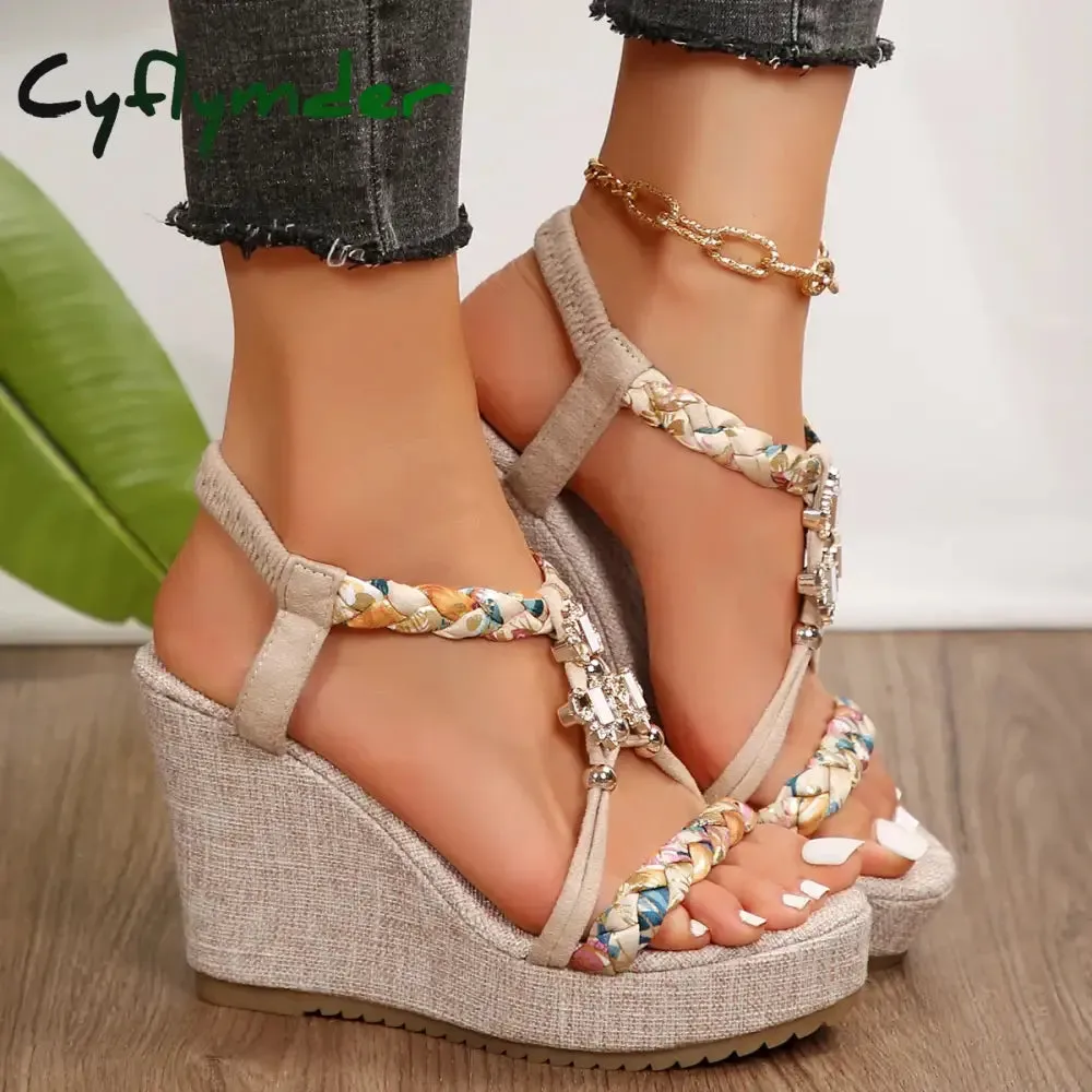 Cyflymder Metal Decor Wedge Sandals for Women Summer Braided Band Platform Gladiator Sandals Woman Thick Bottom Beach Sandalias Mujer Soft Sole Sandals