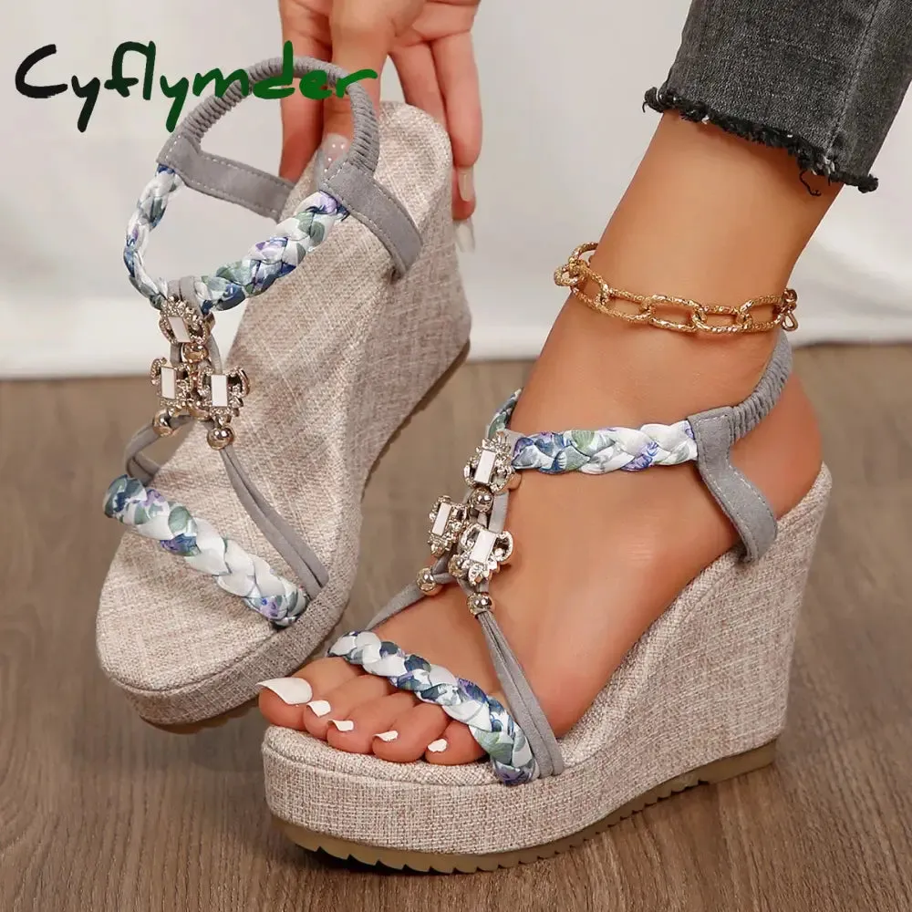 Cyflymder Metal Decor Wedge Sandals for Women Summer Braided Band Platform Gladiator Sandals Woman Thick Bottom Beach Sandalias Mujer Fringed Sandals