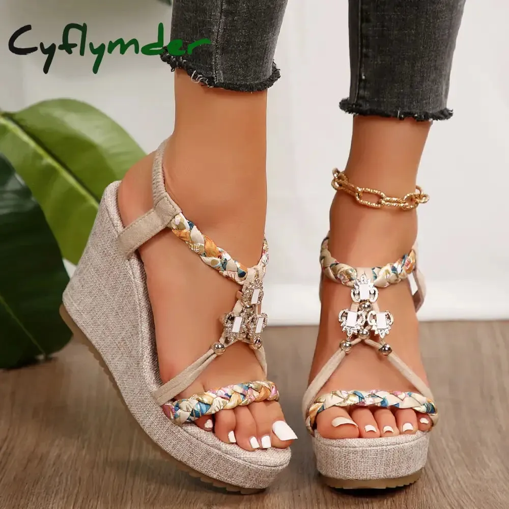 Cyflymder Metal Decor Wedge Sandals for Women Summer Braided Band Platform Gladiator Sandals Woman Thick Bottom Beach Sandalias Mujer Sandals Size 14