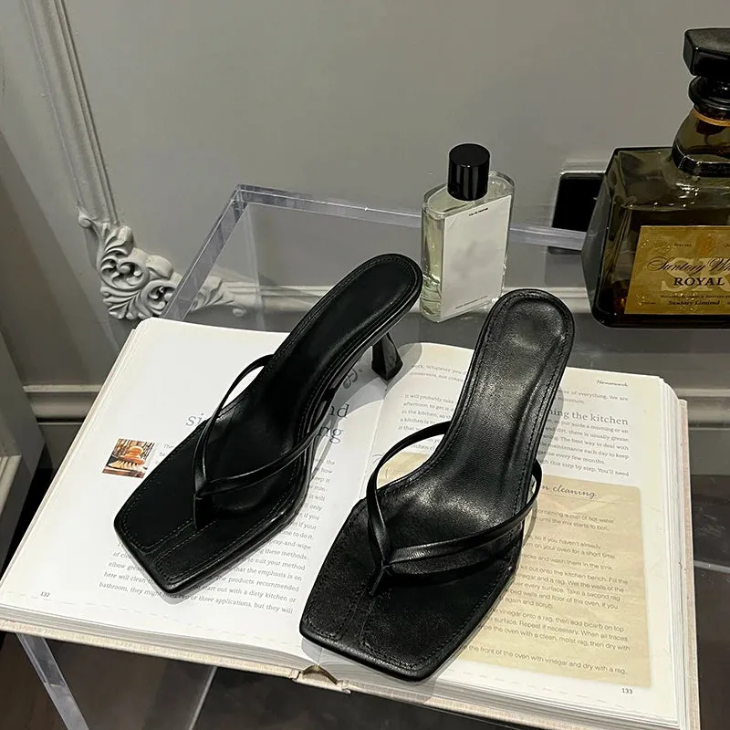 Comfortable Wedding Slippers Liyke Low Thin Heels Flip Flops Frauen Slipper Sommer Outdoor Mode Prise Schmal band Slides Schuhe Square Toe Strands andalen