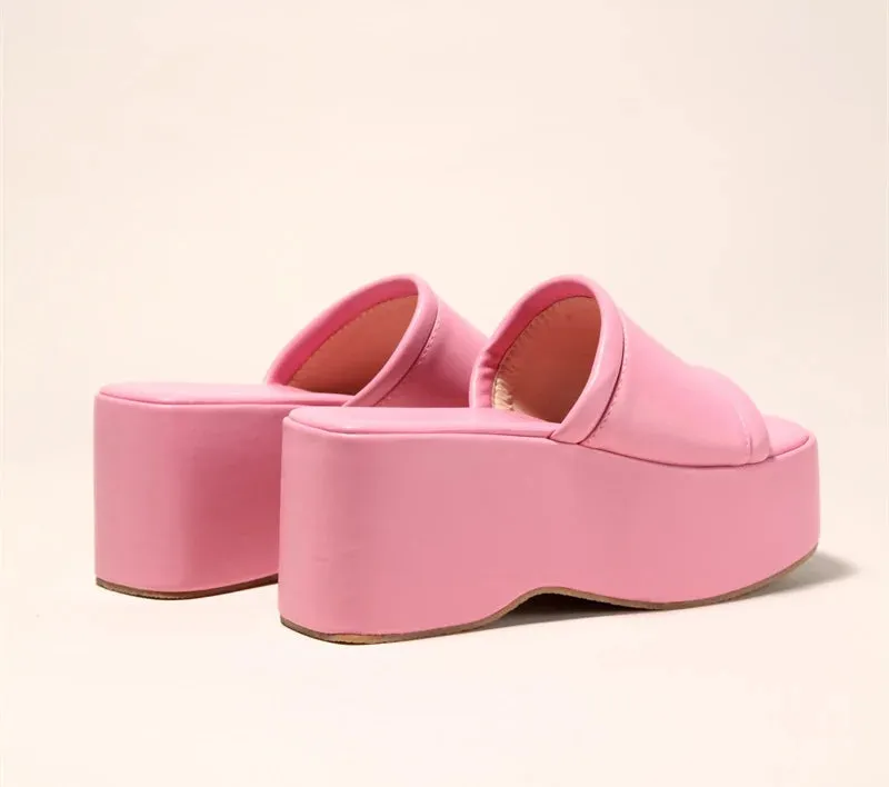 Liyke Sommer Rosa Keil Hausschuhe Frauen Plattform Sandalen Gemtliche Leder Peep Toe Slip Auf High Heels Casual Strand Slide Schuhe weibliche Kadee Slide