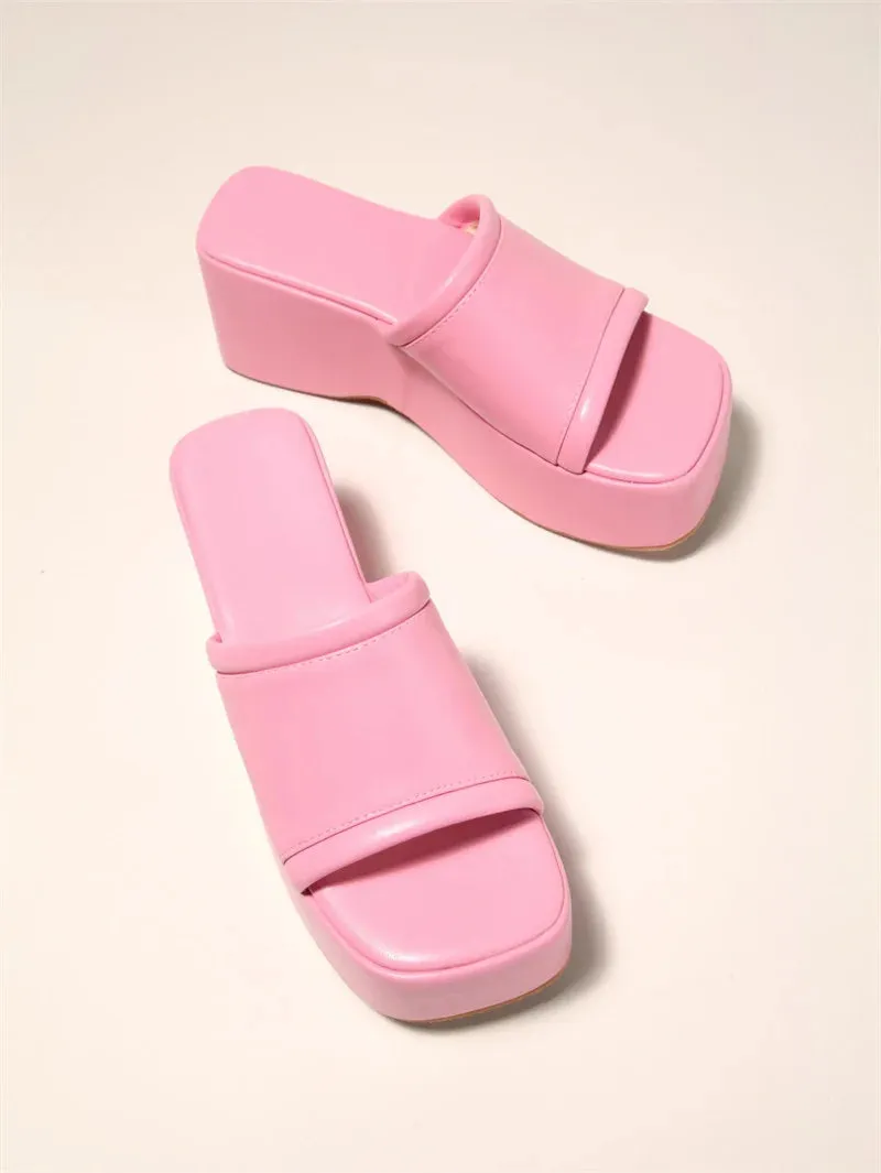 Liyke Sommer Rosa Keil Hausschuhe Frauen Plattform Sandalen Gemtliche Leder Peep Toe Slip Auf High Heels Casual Strand Slide Schuhe weibliche Cotton Scuff Slippers
