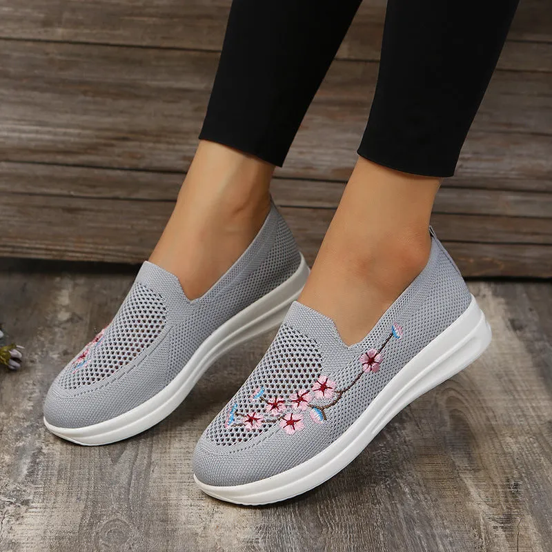 Loafers Women Flowers Embroidery Shoes Breathable Mesh Flats 2 Tone Penny Loafers