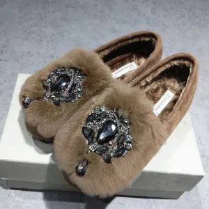 Kieran Brown Oxford LVSANW Thicken Fur brand snow loafers 2019 popular plush female shoes warm luxury big crystal flexible peas oxfords korean ballet flats