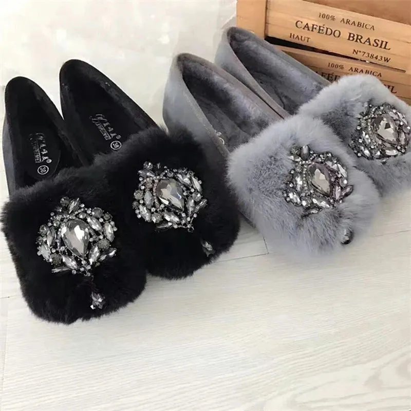 LVSANW Thicken Fur brand snow loafers 2019 popular plush female shoes warm luxury big crystal flexible peas oxfords korean ballet flats Dr Martens Oxford