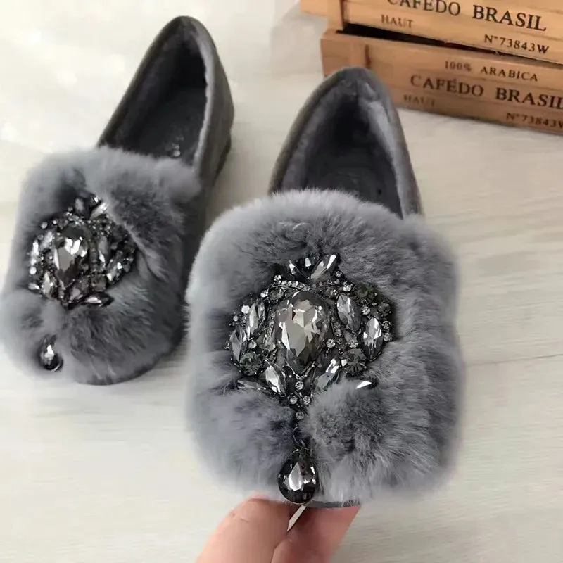 LVSANW Thicken Fur brand snow loafers 2019 popular plush female shoes warm luxury big crystal flexible peas oxfords korean ballet flats Loafers Or Oxfords