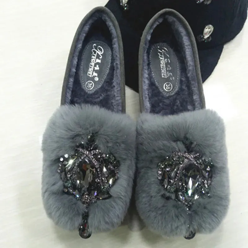 The Brace Stretch Oxford LVSANW Thicken Fur brand snow loafers 2019 popular plush female shoes warm luxury big crystal flexible peas oxfords korean ballet flats