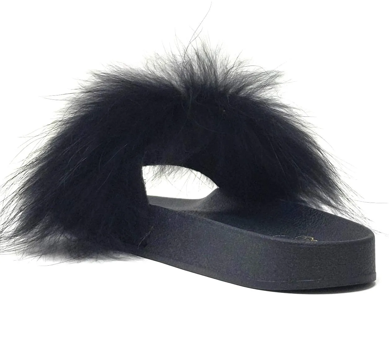Liliana Nomi-17 Black Real Raccon Fur Slippers Slip On Slides Flats Mules Tasman Slippers Stock