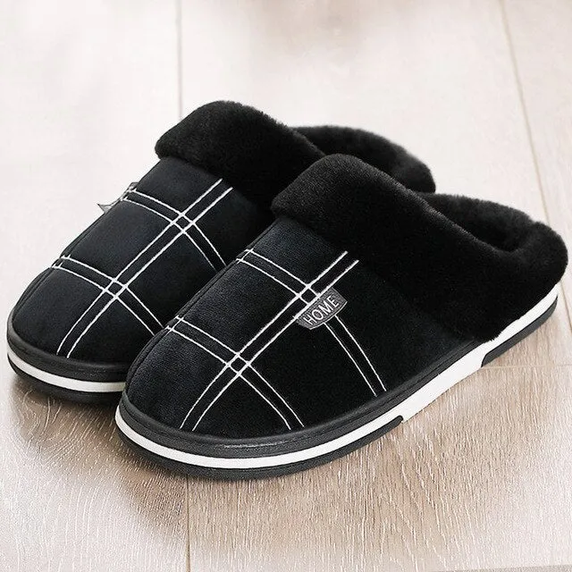 Men Slippers Gingham Warm Fur Antiskid Suede Short Plush House Shoes One Piece Slippers