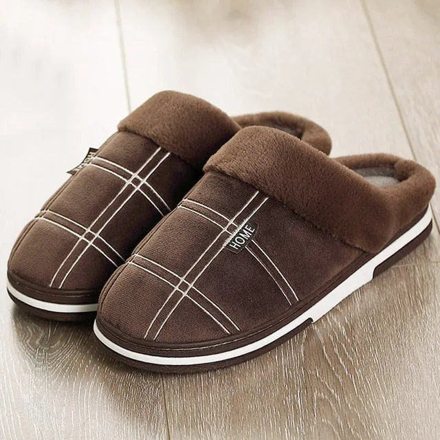 Lined Slippers Men Slippers Gingham Warm Fur Antiskid Suede Short Plush House Shoes