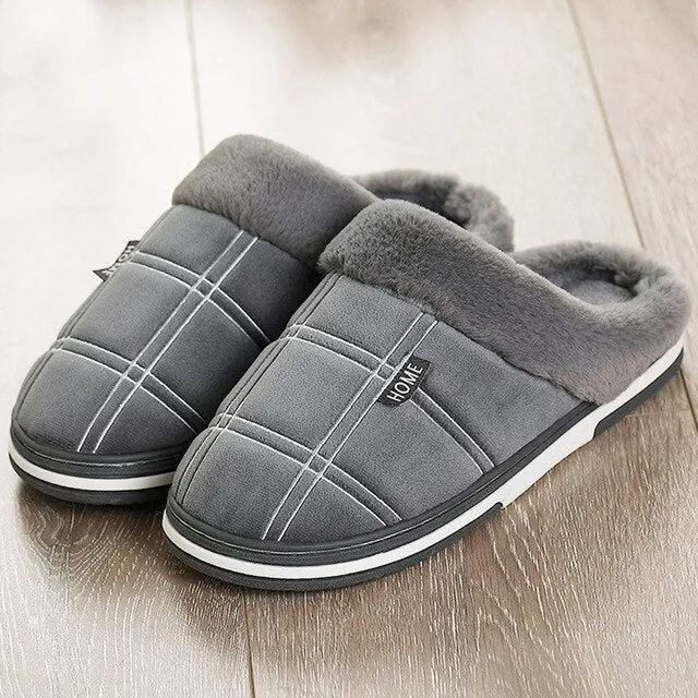Men Slippers Gingham Warm Fur Antiskid Suede Short Plush House Shoes Suede Slippers