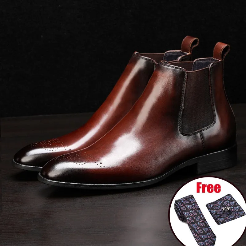 Men winter Boots Genuine cow leather chelsea boots brogue casual ankle flat shoes Comfortable quality slipon dress boots 2020 Earth Flat Shoes